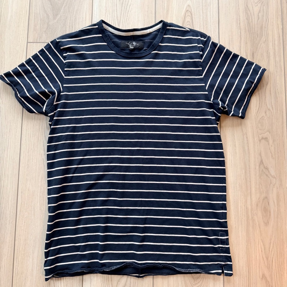Rag & Bone Striped Tee Mens Size M Navy Blue White Raw Hem Short Sleeve T-Shirt